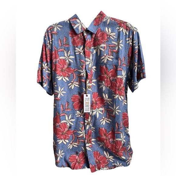 NWT Texaito Men’s Blue Floral Hawaiian Style Short Sleeve Button Up Size Large - Picture 1 of 6